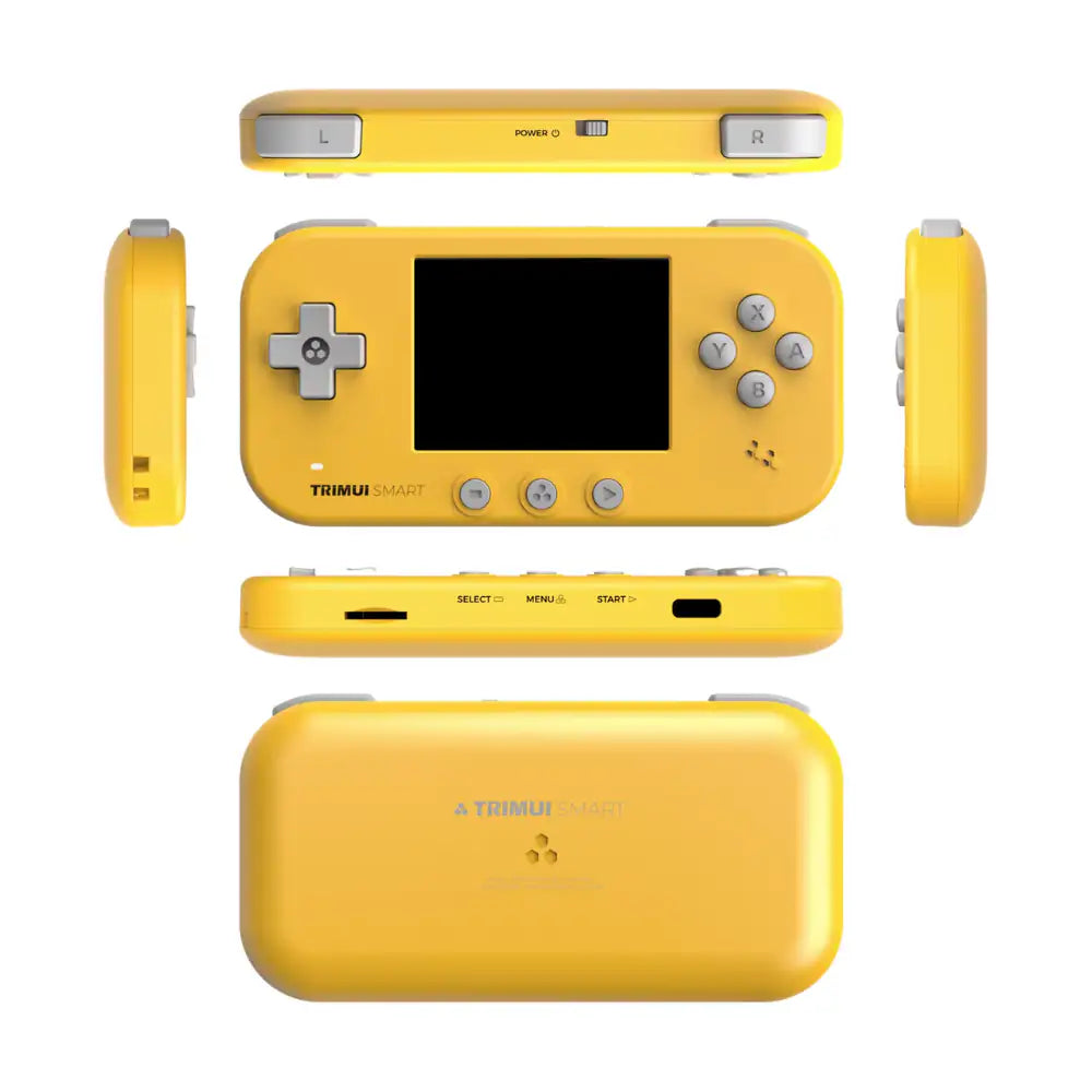 Yellow handheld gaming console with multiple views on a white background