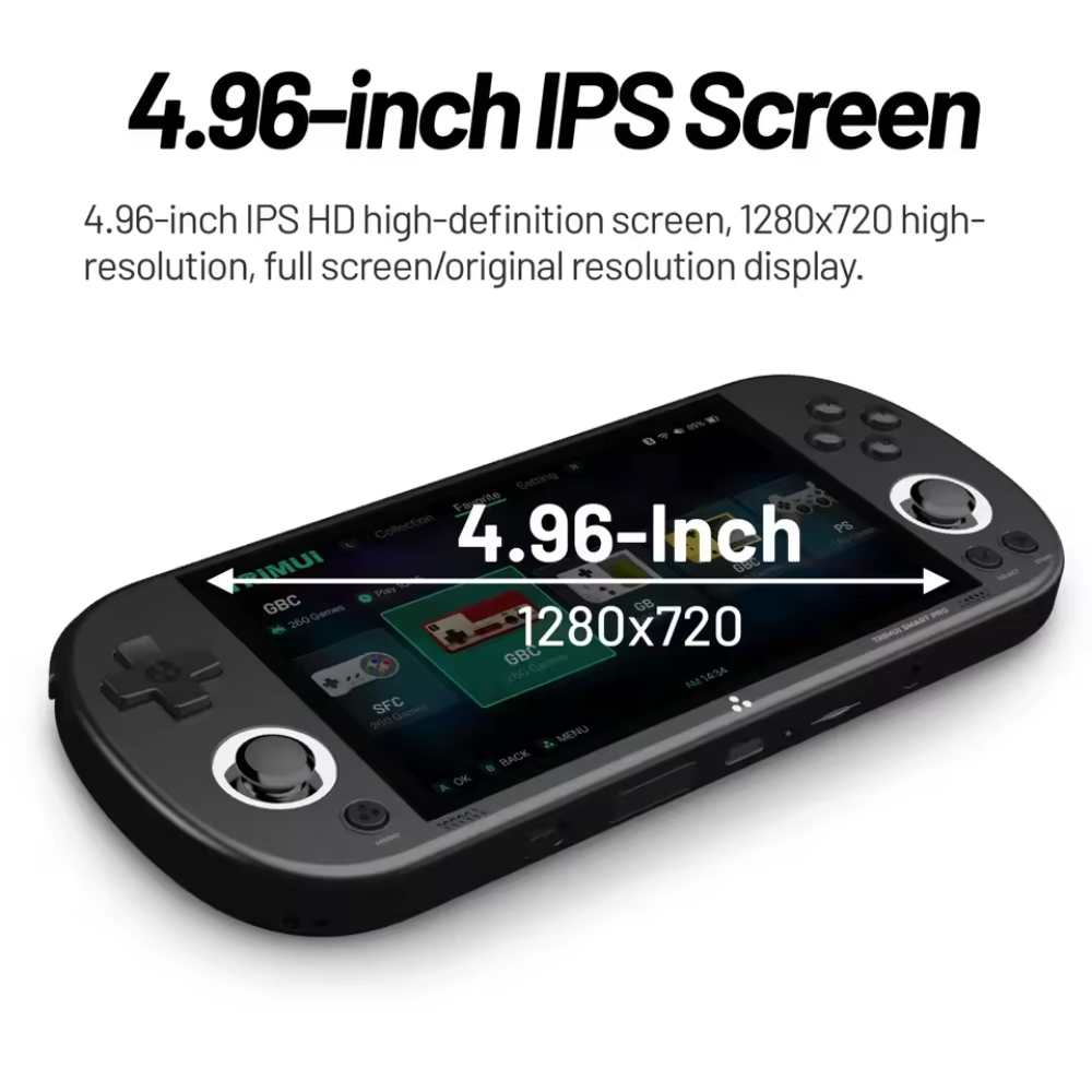 Handheld gaming console with 4.96-inch IPS screen displaying text about screen specifications.