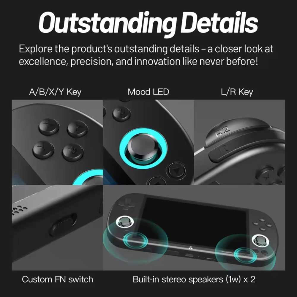 Close-up of a gaming controller with labeled features on a black background