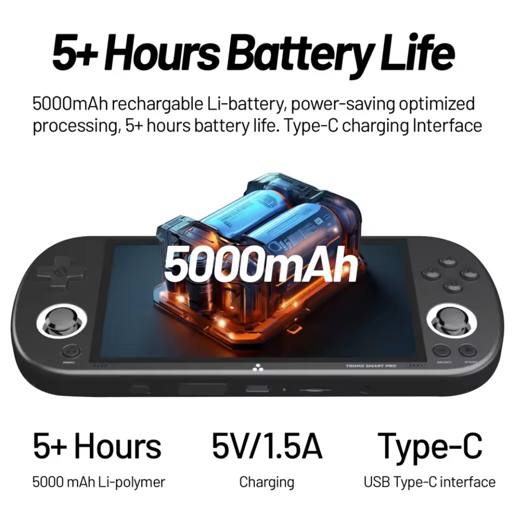 Gaming console with 5000mAh battery and charging details on a white background