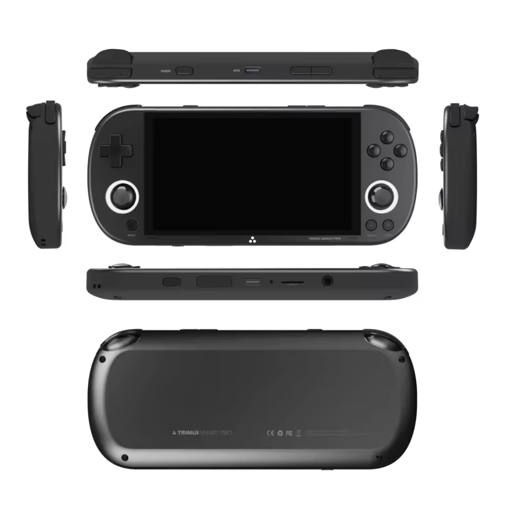 Black handheld gaming console with various components on a white background