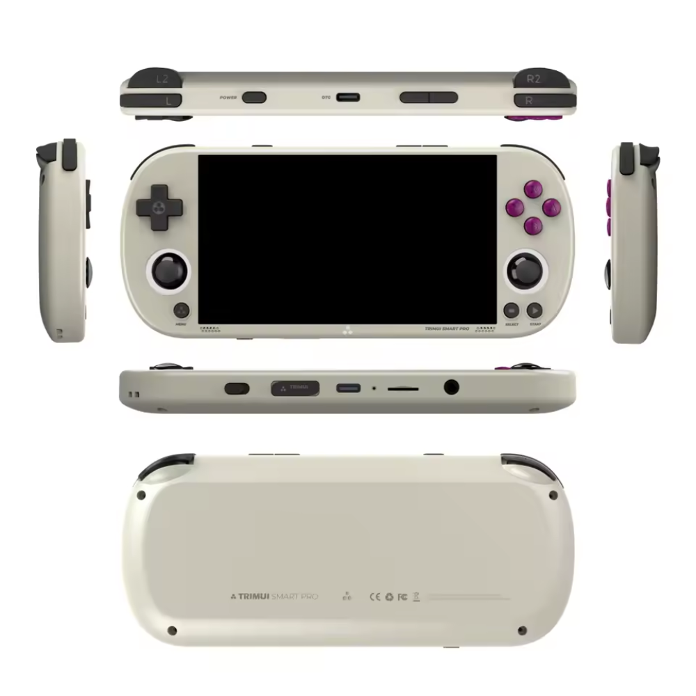 White gaming console with multiple views on a white background