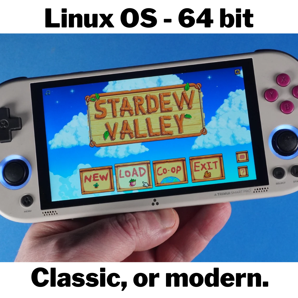 Hand holding a handheld gaming device displaying 'Stardew Valley' with text about Linux OS and game options.