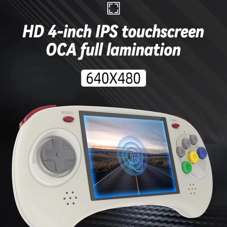 Handheld gaming console with 4-inch touchscreen on a black background
