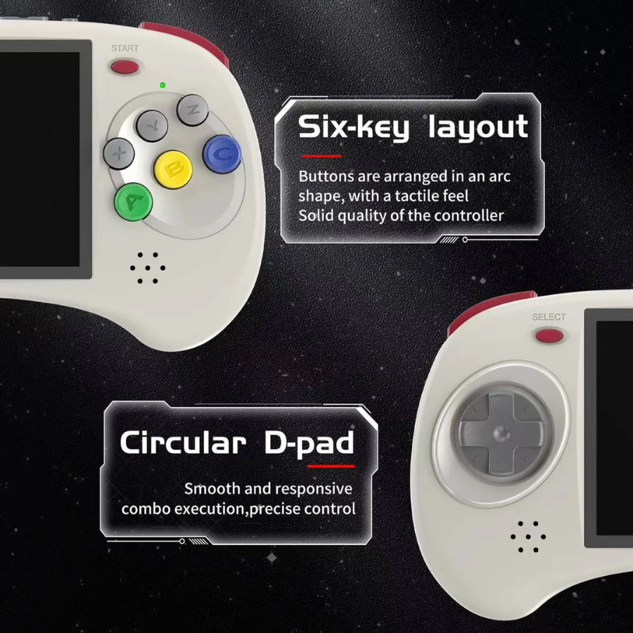 Game console controller with six-key layout and circular D-pad on a black background