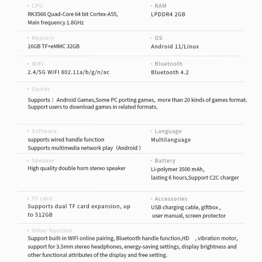 Technical specifications of a device on a white background
